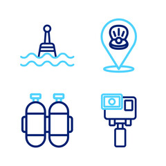 Set line Action extreme camera, Aqualung, Scallop sea shell and Floating buoy icon. Vector