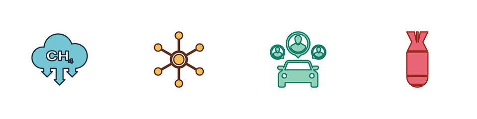 Set Methane emissions reduction, Network, Car sharing and Aviation bomb icon. Vector