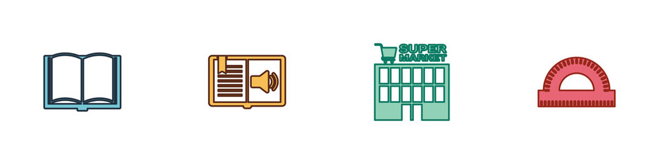 Set Open book, Audio, Supermarket building and Protractor grid icon. Vector