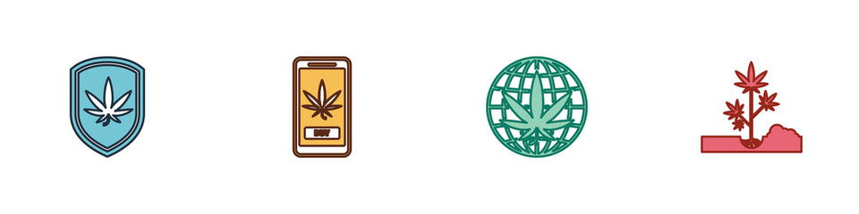Set Shield and marijuana, Online buying, Legalize and Planting icon. Vector