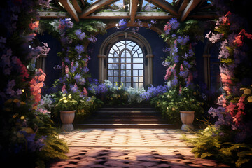3d rendering of a fantasy garden with flowers and stairway, Ai Generated