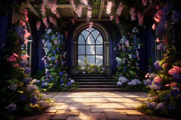 3D rendering of a garden with flowers in front of a window, Ai Generated