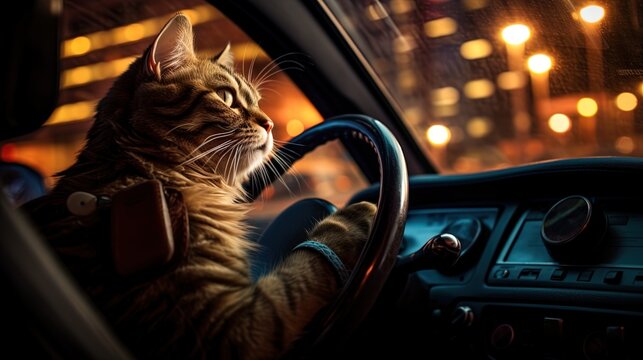 Quirky Front View As A Cat Showcases Its Driving Skills Behind The Car's Wheel