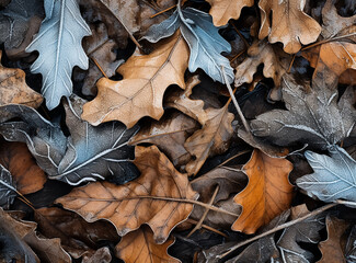 Fototapeta premium Nice macro autumn colorful leaves frosted with ice, cold weather, natural leaves pattern
