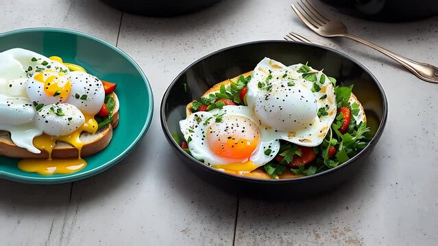 Poached egg with leaking yolk, protein healthy food, egg benedict keto diet recipe, low calorie breakfast toast