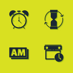 Set Alarm clock, Calendar and, Clock AM and Old hourglass icon. Vector