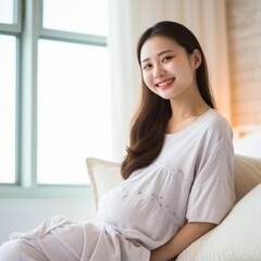 Obraz premium In the living room, a smiling young Chinese pregnant woman sits on her bed.