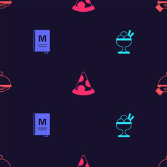 Set Ice cream in bowl, Restaurant cafe menu, Slice of pizza and Covered with tray food on seamless pattern. Vector