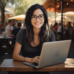 At a semi-outdoor cafe in the afternoons, a Chinese woman, 30 years old, wears glasses, possesses black straight long hair, is slender, and enjoys a laptop with a warm smile.