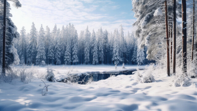 Photo of a magical winter forest around, snow-covered trees and Christmas trees.