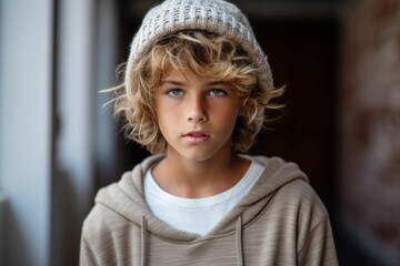 Portrait of a boy in a knitted cap and a sweater