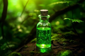 Obraz na płótnie Canvas Ornate Green vial bottle perfume. Liquid lab. Generate Ai