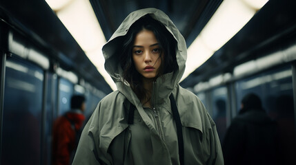 editorial portrait of asian woman on the subway in a rain jacket - Powered by Adobe