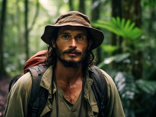 Obraz premium A young man with a beard and long hair wearing a hat exploring a forest