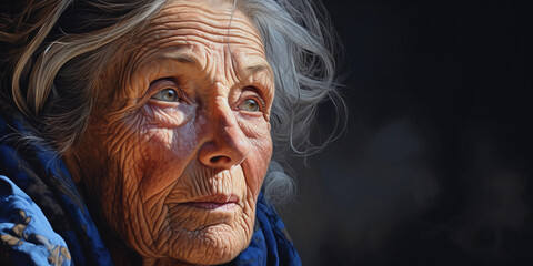 elderly woman, acrylic paint, incredibly lifelike details, wrinkles, sunspots, piercing blue eyes