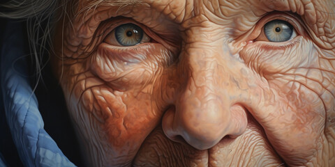 elderly woman, acrylic paint, incredibly lifelike details, wrinkles, sunspots, piercing blue eyes - obrazy, fototapety, plakaty