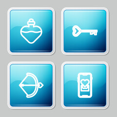 Set line Bottle with love potion, Key in heart shape, Bow and arrow and Mobile icon. Vector