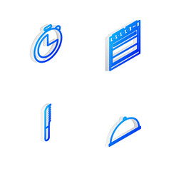 Set Isometric line Oven, Kitchen timer, Bread knife and Covered with tray icon. Vector