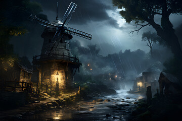 Fantasy landscape with windmill at night, Ai Generated