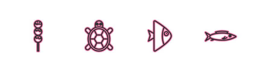 Obraz premium Set line Takoyaki on a stick, Fish, Turtle and icon. Vector