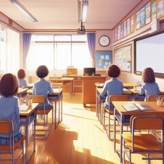 Fototapeta na wymiar Classroom school illustration in anime style, with students rearview, day scene