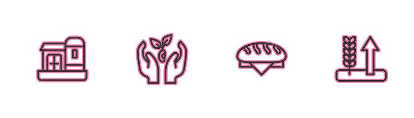 Set line Farm house, Bread loaf, Plant in hand and Wheat icon. Vector