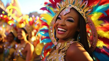 a woman smiling with a colorful hat