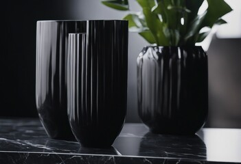 Black ceramic vase table against black marble background with copy space High quality photo