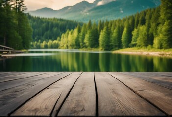 The empty wooden table top with blur background of summer lakes green forest High quality photo