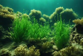 Underwater view of a group of seabed with green seagrass High quality photo