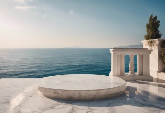 White marble podium with sea view on background High quality photo