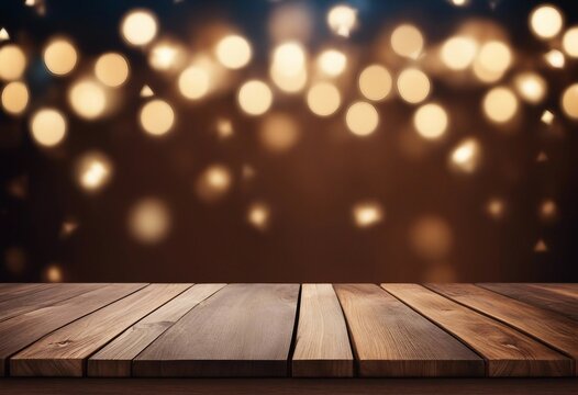 Wooden table in front of blurred background with bokeh lights High quality photo