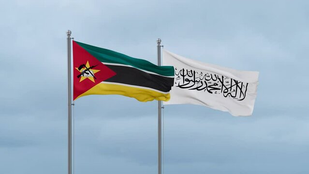 Mozambique flag and Afghanistan flag waving together on cloudy sky, endless seamless loop