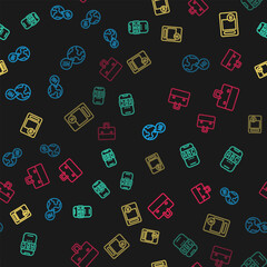 Set line Learning foreign languages, Foreign online study, Exam sheet with A plus grade and Briefcase on seamless pattern. Vector