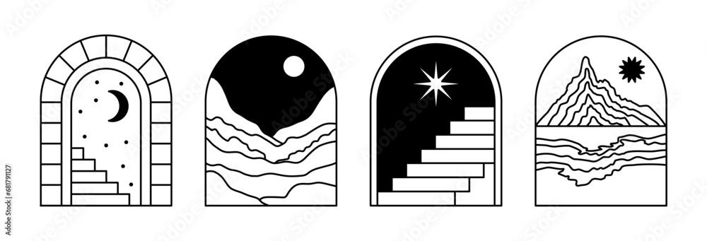 Poster vector illustrations in simple line style, boho abstract prints, simple arcs with natural landscapes