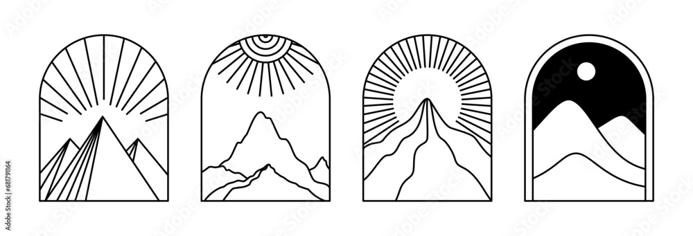 Poster vector illustrations in simple line style, boho abstract prints, simple arcs with natural landscapes