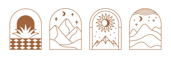 Vector illustrations in simple line style, boho abstract prints, simple arcs with natural landscapes with mountains and hills, stairs and mystic elements, logo design