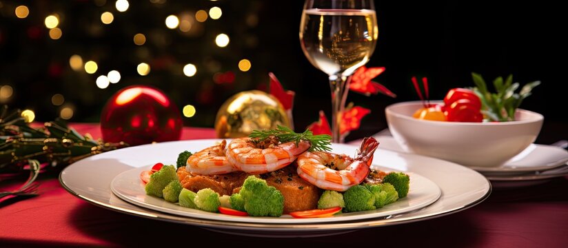 At the bustling Christmas restaurant in City, a delicious meal of shrimp, mole, romeritos, and vegetables was prepared in the kitchen. The table was adorned with a festive Xmas plate filled with