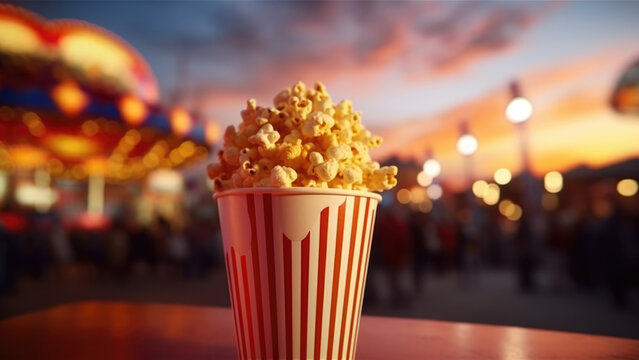 Image of popcorn in an amusement park and movie theater.