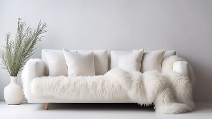 Cozy cute sofa with white furry sheepskin fluffy throw and pillows against wall with copy space. Hygge, scandinavian home interior design of modern living room