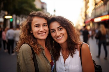 Smiling young female siblings posing together looking at the camera in a city street - obrazy, fototapety, plakaty