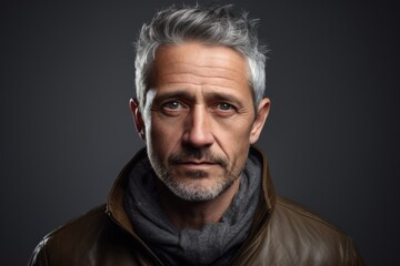Portrait of a senior man with grey hair and beard wearing a leather jacket