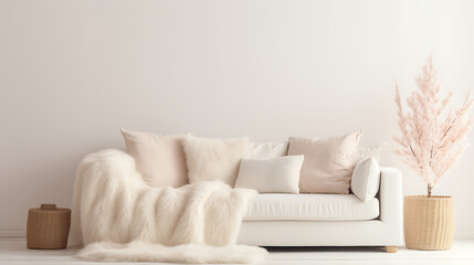 Cozy cute sofa with white furry sheepskin fluffy throw and pillows against wall with copy space. Hygge, scandinavian home interior design of modern living room