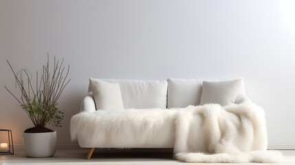 Fototapeta na wymiar Cozy cute sofa with white furry sheepskin fluffy throw and pillows against wall with copy space. Hygge, scandinavian home interior design of modern living room
