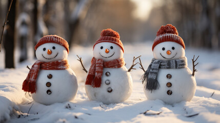 Fototapeta premium happy snowmen in winter landscape. Generative AI