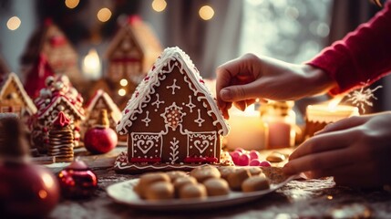 a person making a gingerbread house - obrazy, fototapety, plakaty