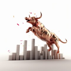 A stock market bull making a jump to the peak of a graph on a white background.