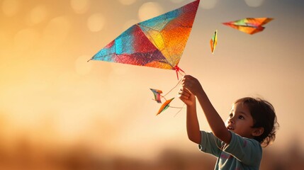 a young boy flying a kite - Powered by Adobe