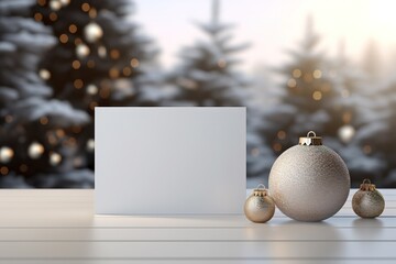 Photorealistic, mockup of a blank Christmas card for greeting text, Christmas theme, wide angle, natural lighting, lights of the Christmas tree out of focus in the background