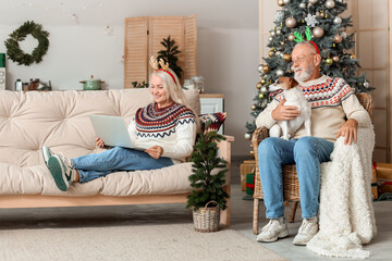 Happy mature couple with cute dog and laptop at home on Christmas eve